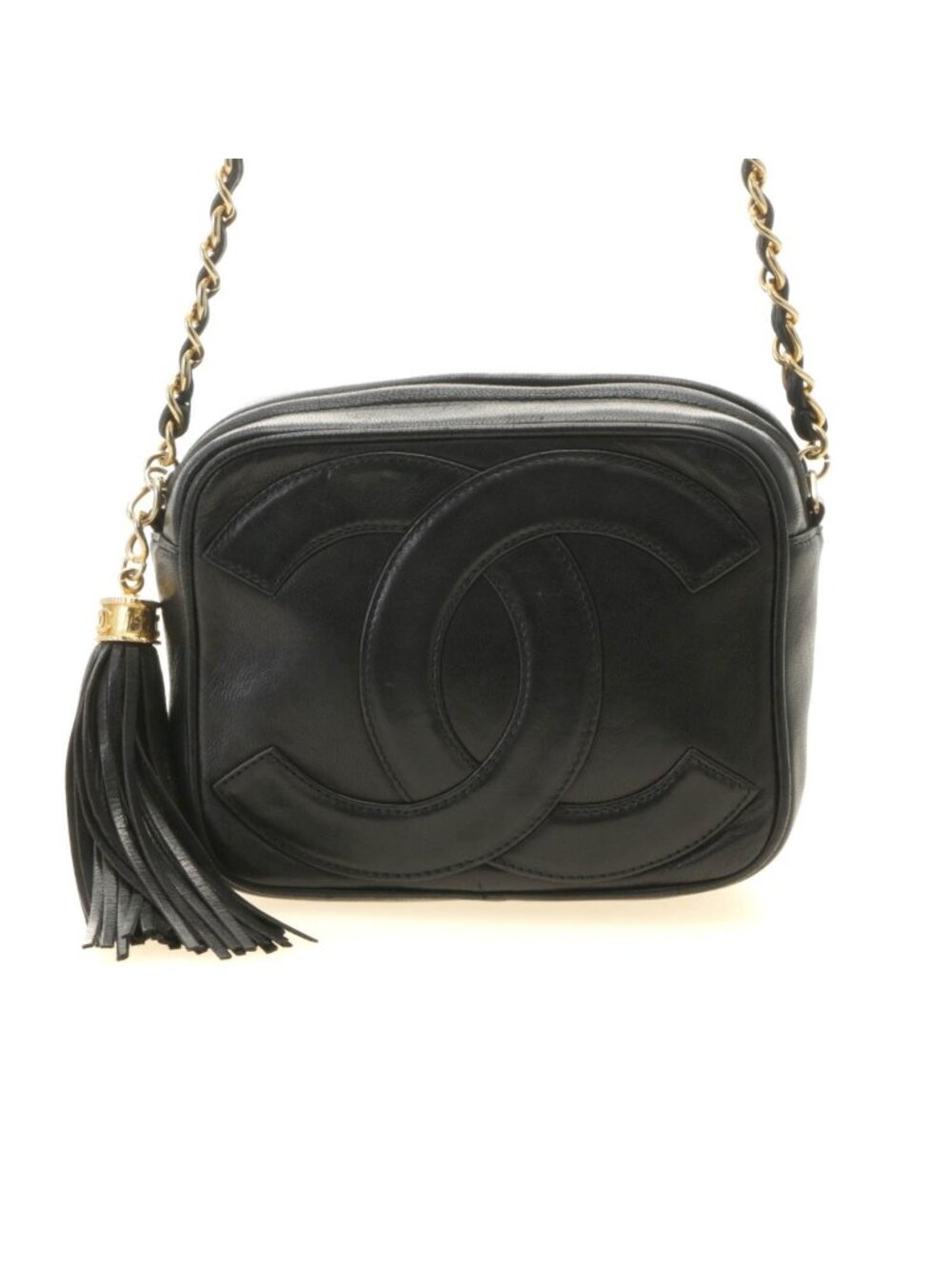 Chanel CC Logo Tassel Chain Shoulder Black Gold Lambskin Bag